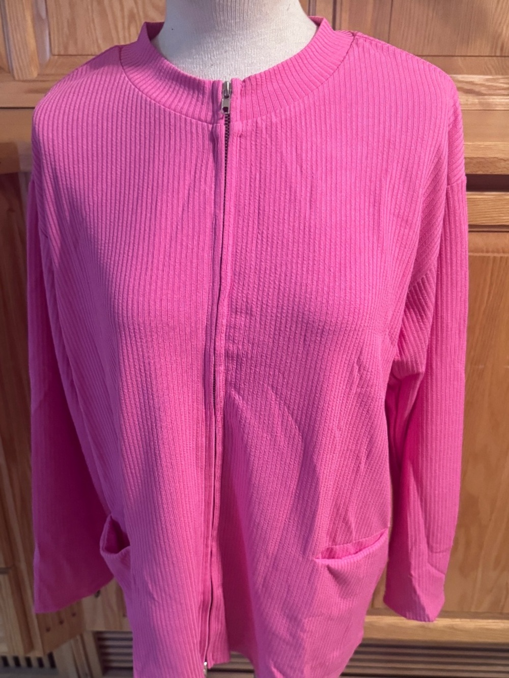 Women's Pink Ribbed Large Long Sleeve Zip Up Sweater With Pockets Classic Casual